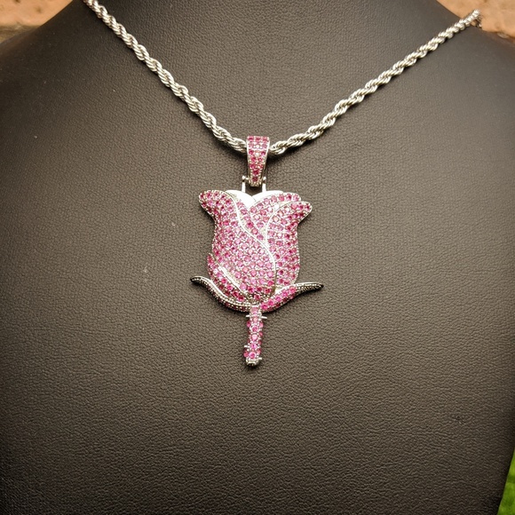 🖤 24" x 3mm Rope Chain + Red Rose Pendant - Picture 5 of 8